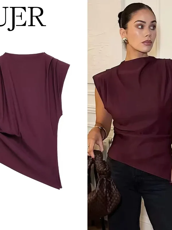 Asymmetric Ruched Sleeveless Tank Top in Blended Fabric