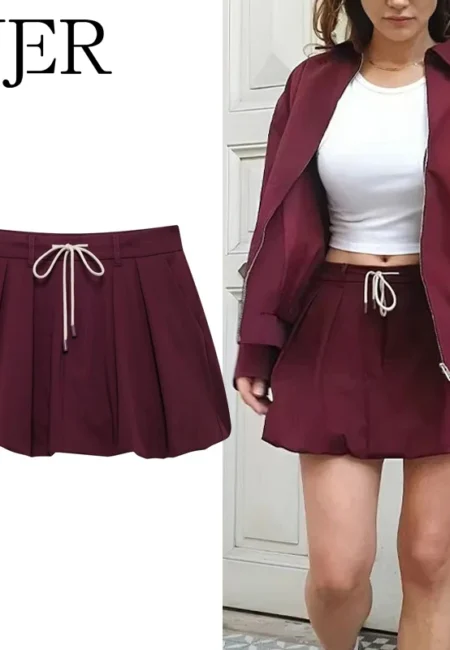 MUJER Balloon Mini Skirt Women Pleated Mid Waist Skirts for Women Autumn Short Women's Skirts Streetwear Draped Woman Skirt