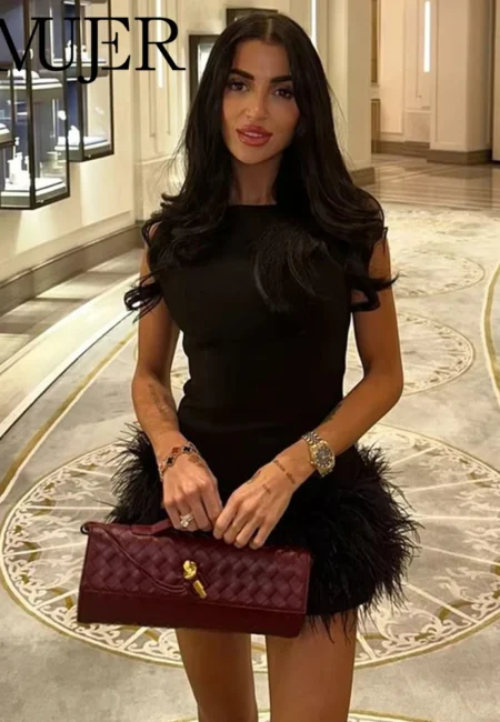 MUJER Black Feather Short Dresses for Women off Shoulder Corset Dress Women Fashion Sleeveless Dress Woman Evening Women Dresses