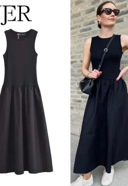 MUJER Black Pleated Long Dresses for Women Knitted Sleeveless Maxi Dress Woman Vintage Party Womens Dresses Spring Casual Dress