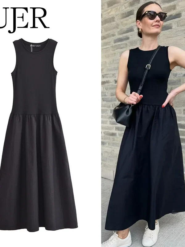 MUJER Black Pleated Long Dresses for Women Knitted Sleeveless Maxi Dress Woman Vintage Party Womens Dresses Spring Casual Dress