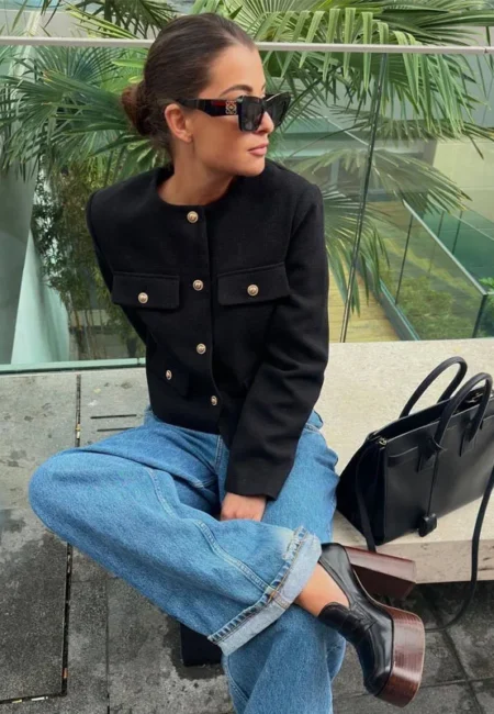 MUJER Cropped Jacket For Women Coat Autumn Winter Crop Jacket Tweed Round neck Long sleeved demi season Jacket Bomber Outerwears