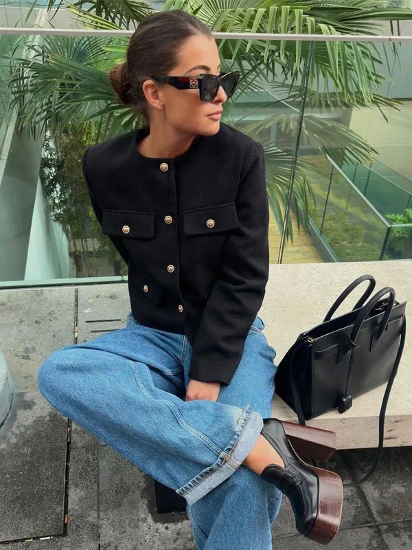 Cropped Polyester Jacket With Button Closure 3 Mujer Cropped Jacket For Women Coat Autumn Winter Crop Jacket Tweed Round Neck Long Sleeved Demi Season Jacket Bomber Outerwears