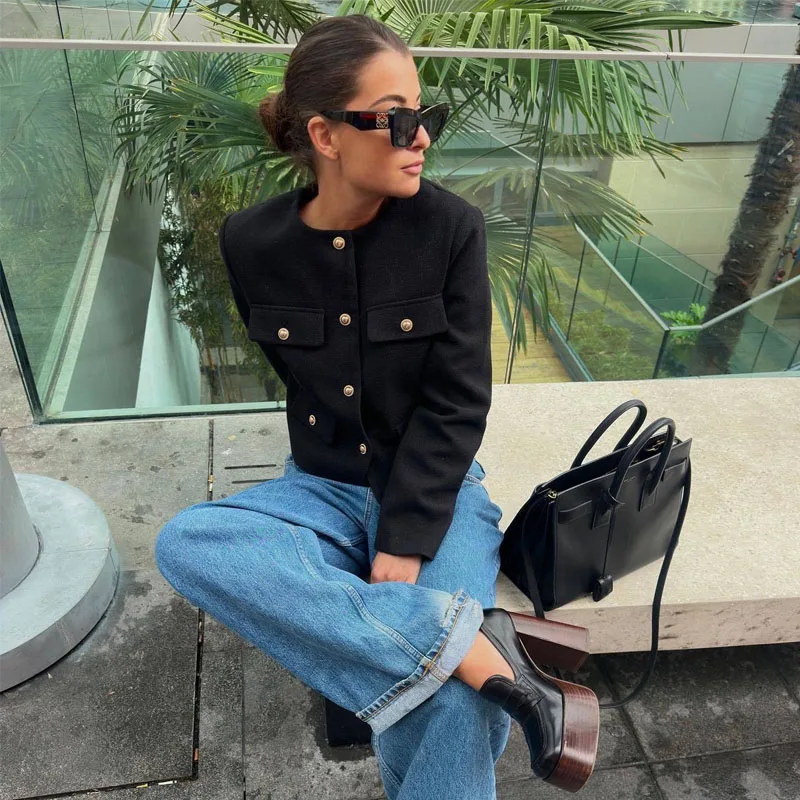 Mujer Cropped Jacket For Women Coat Autumn Winter Crop Jacket Tweed Round Neck Long Sleeved Demi-Season Jacket Bomber Outerwears Mujer Cropped Jacket For Women Coat Autumn Winter Crop Jacket Tweed Round Neck Long Sleeved Demi Season Jacket Bomber Outerwears