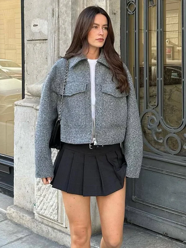 Mujer Cropped Tweed Jacket Women Zipper Bomber Jackets For Women Long Sleeve Overcoat Female New In Outerwears Women'S Coats