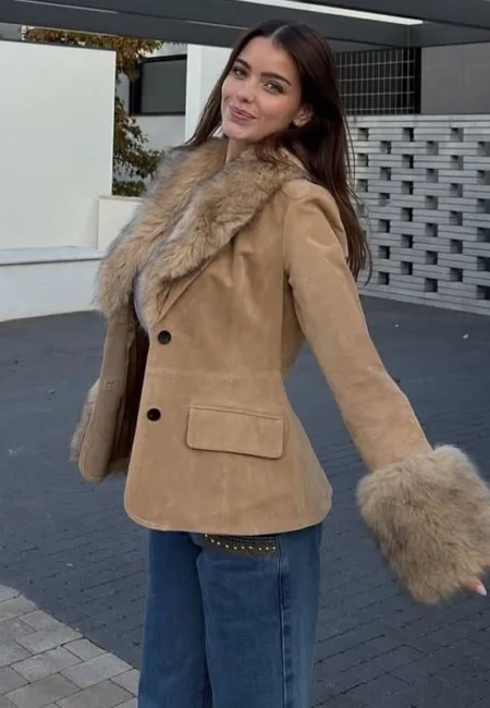 MUJER Faux Fur Suede Blazers for Women Faux Leather Women's Tailoring Blazers Winter Luxury Woman Blazer Fitted Coats and Jacket