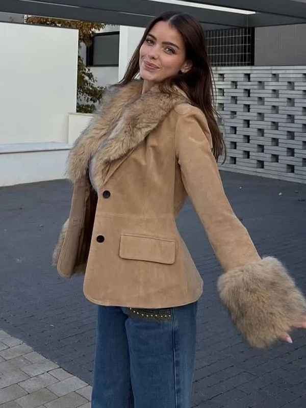 Mujer Faux Fur Suede Blazers For Women Faux Leather Women'S Tailoring Blazers Winter Luxury Woman Blazer Fitted Coats And Jacket