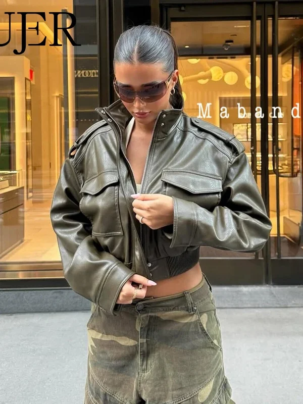 Moopsi 65 Mujer Faux Leather Cropped Jacket Women Bomber Demi Season Jackets For Women Long Sleeve Women'S Coats Zip Overcoat Jacket Women