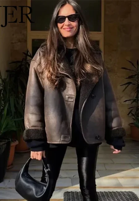 MUJER Faux Leather Jackets for Women Winter Warm Bomber Jacket Woman Long Sleeve Womens Coats Plush Oversized Women's Jackets