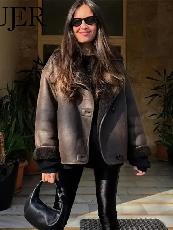 Brown Faux Leather Bomber Jacket with Plush Lining