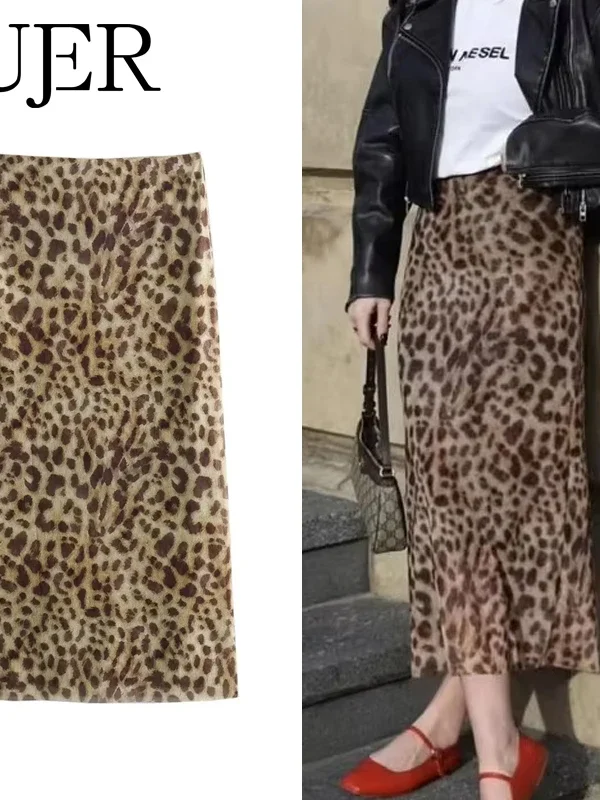 Moopsi 31 Mujer Leopard Print Midi Skirt Woman Tulle High Waist Long Skirts For Women Summer Vintage Mesh Skirt Elegant Women'S Skits
