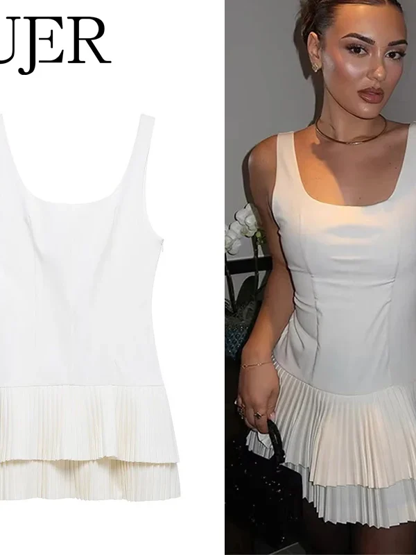 MUJER Pleated Short Dresses for Women Jumpsuit Ruched Backless Mini Dress Woman White Pink Summer Dress Woman Party Dresses