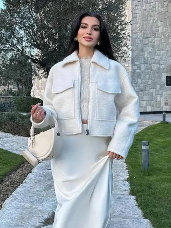 White Tweed Cropped Bomber Jacket With Zipper Closure 2 Mujer White Tweed Jacket Women Cropped Bomber Jackets For Women Long Sleeve Zipper Jacket Woman Autumn Streetwear Outerwears