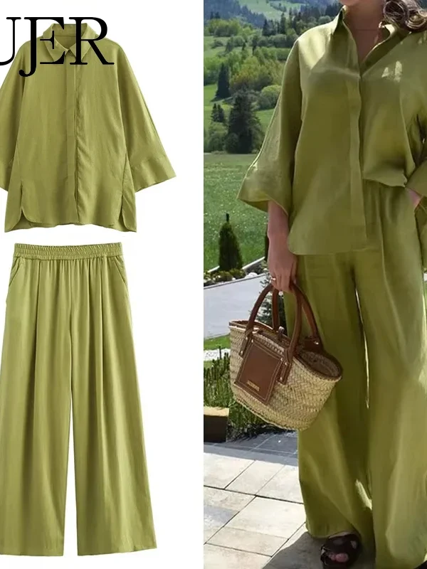 MUJER Women Pants Sets Oversize Casual Shirt Fashion Linen Set Woman Two Pieces Wide Leg Baggy Pants Suit Summer Outfit