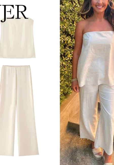 MUJER Women's Pants Sets off Shoulder Crop Top Woman Satin High Waist Pants Sets for Women 2 Pieces Summer Outfit Woman Trousers