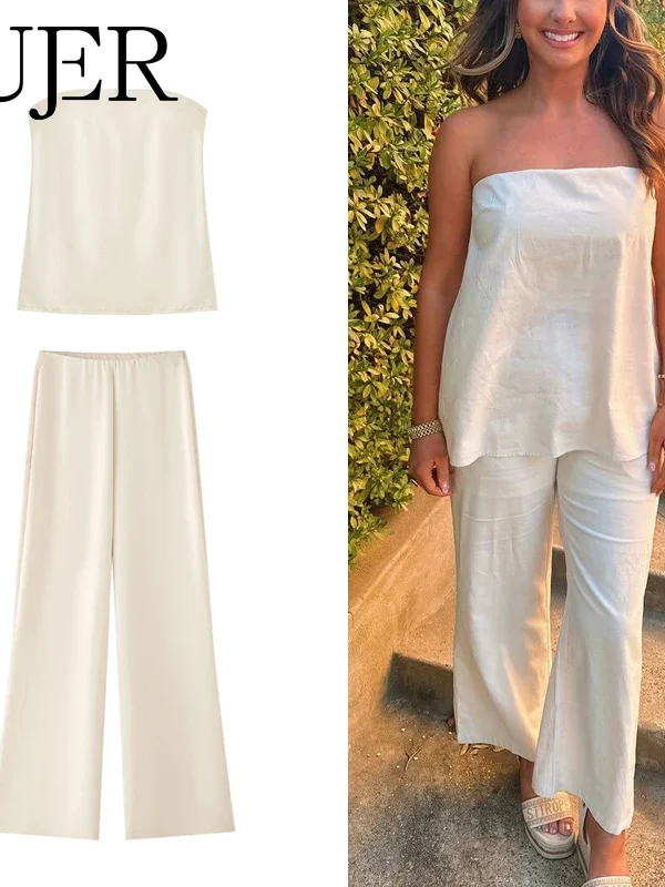 Women's Satin Off-Shoulder Crop Top and High Waist Pants Set