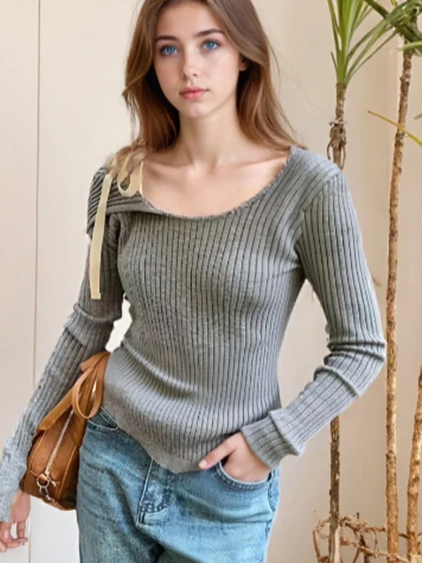 Moopsi 35 New Fall Fashion Off Shoulder Split Side fit Sweater Hot Girl Style Straps Sweater Casual Bottom Women's Knitwear