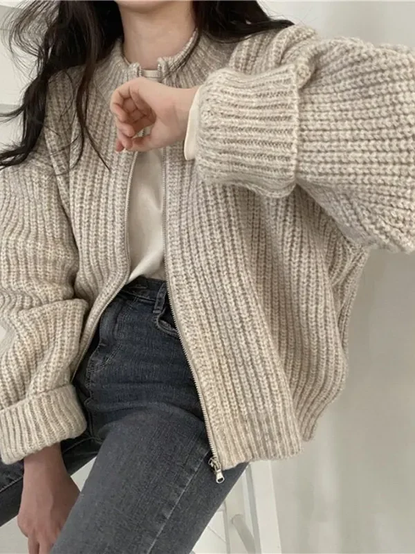 New Warm Solid Color Knitted Cardigans Autumn Women's Zipper Sweater Coat Loose Long Sleeved O Neck Women's Knitwear Tops