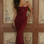 Retro Flora Sequin Maxi Sling Dress Women Sleeveless Lace Up Square Neck Bodycon Fishtail Gown 2026 Spring Lady Party Robe