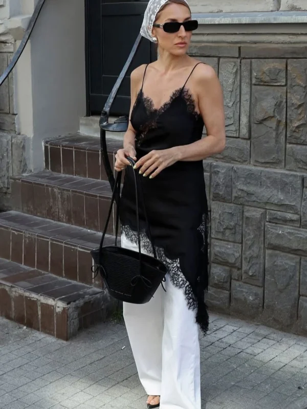 Satin Asymmetric Patchwork Lace Dress Women Elegant Sling Backless Split Black Dress Female Party Club Dress Streetwear