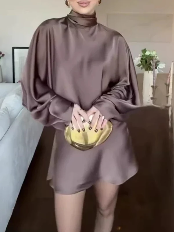 Moopsi 65 Simple Solid Color High Waist Office Short Dress Elegant Temperament Fit Party Dress Spring Long Sleeved Satin Women Dress