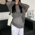 Spring Thin Casual Long Sleeve Sunscreen Top Autumn Loose Fit Solid Color Pullover Hollow Out O Neck Womens Knitted Tops