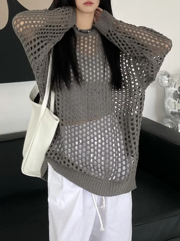 Spring Thin Casual Long Sleeve Sunscreen Top Autumn Loose Fit Solid Color Pullover Hollow Out O Neck Women's Knitted Tops