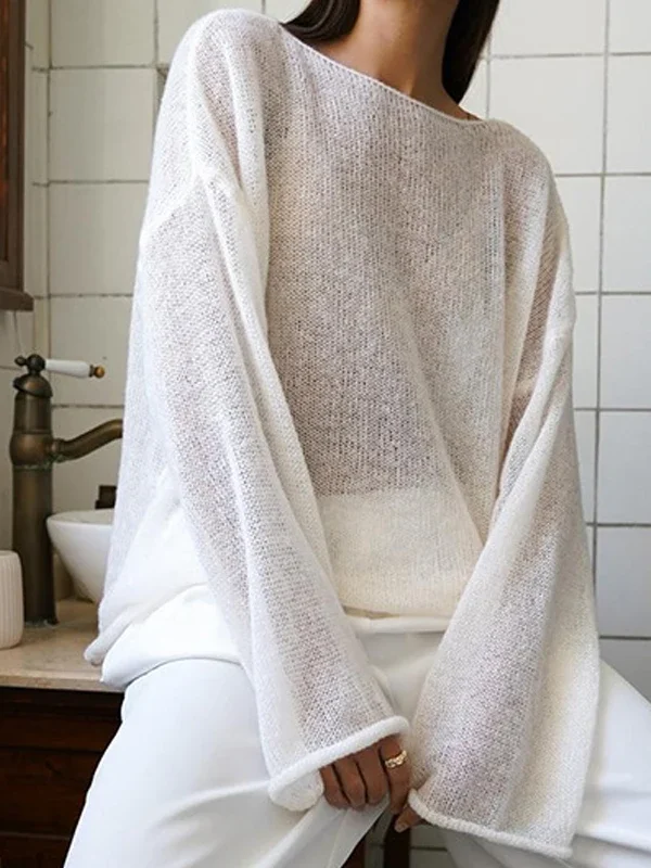 Moopsi 31 Spring/Summer New Women's Perspective Thin Knitted Shirt O Neck Long Sleeve Knitted T shirt Solid Minimalist Style Tops