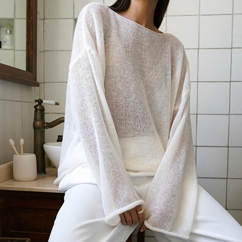 Spring/Summer New Women's Perspective Thin Knitted Shirt O-Neck Long Sleeve Knitted T-shirt Solid Minimalist Style Tops Spring/Summer New Women's Perspective Thin Knitted Shirt O Neck Long Sleeve Knitted T shirt Solid Minimalist Style Tops