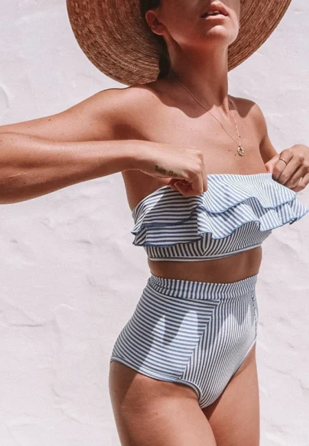 Striped Ruffled Bikini 2026 Bandeau Push Up Swimwear Women Swimsuit High Waist Bikinis Set Swimming for Women Bathing Suits