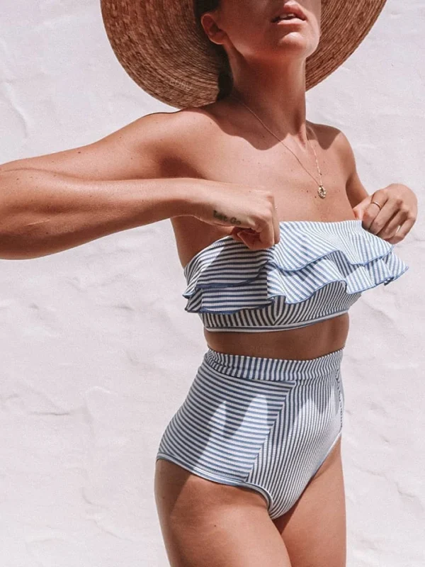 Moopsi 11 Striped Ruffled Bikini 2026 Bandeau Push Up Swimwear Women Swimsuit High Waist Bikinis Set Swimming For Women Bathing Suits