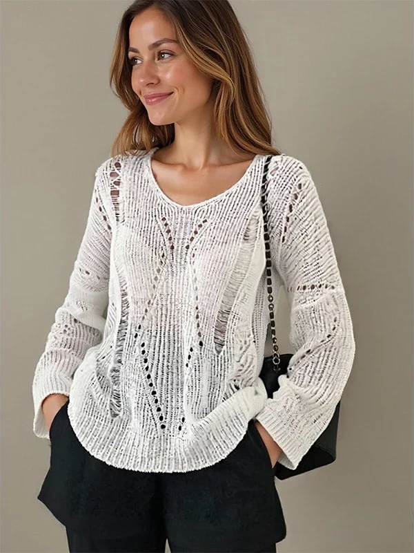 Summer Casual Loose Solid Knit Pullover Y2k Hollow Out Thin Long Sleeved V neck Knitted Top Korean Style Lightweight Sweater