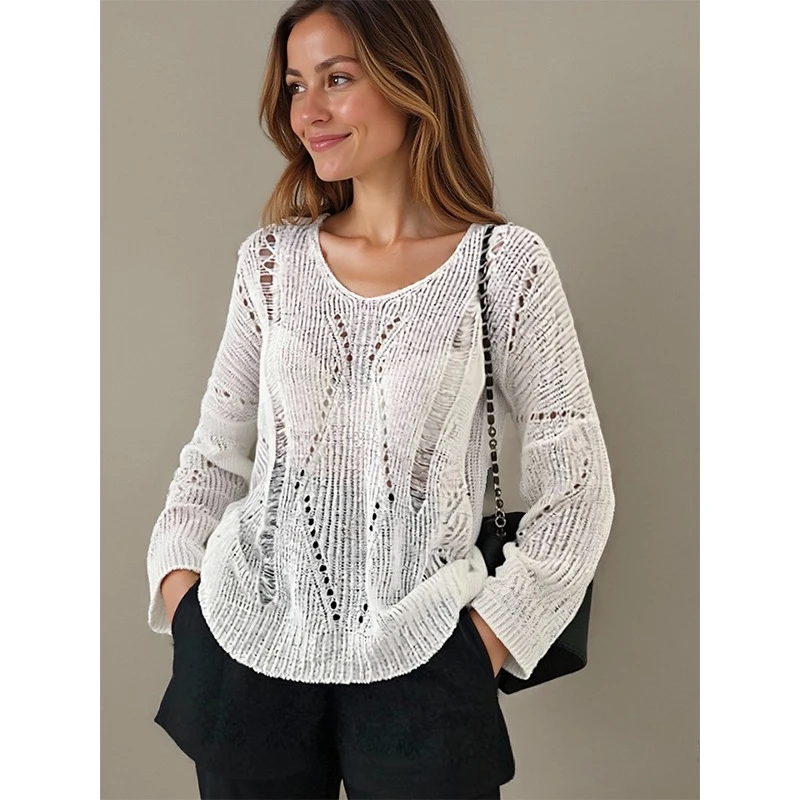 Summer Casual Loose Solid Knit Pullover Y2k Hollow Out Thin Long Sleeved V-neck Knitted Top Korean Style Lightweight Sweater Summer Casual Loose Solid Knit Pullover Y2k Hollow Out Thin Long Sleeved V neck Knitted Top Korean Style Lightweight Sweater