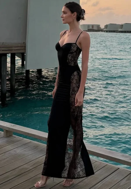 Talenza See Through Dress Fashion Lace Patchwork Hollow Spaghetti Strap Dress Elegant Luxury Women's Party Evening Dresses