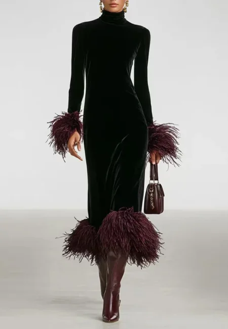 Temperament Simple Banquet Dress Vintage Turtleneck Long Sleeve Feather Spliced Dress Elegant Lady High Waist Bodycon Dress