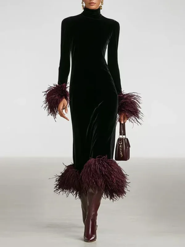 Temperament Simple Banquet Dress Vintage Turtleneck Long Sleeve Feather Spliced Dress Elegant Lady High Waist Bodycon Dress