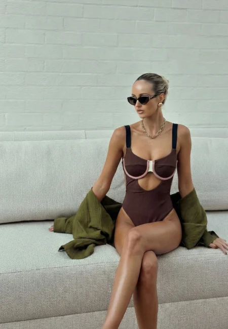 Trendy Swimwear Elegant Mocha Monokini with Vintage Inspired Design Perfect for Beach Wear and Pool Parties Summer Getaway