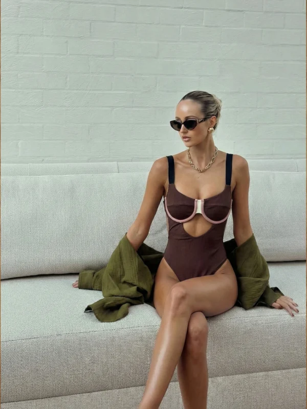 Trendy Swimwear Elegant Mocha Monokini with Vintage Inspired Design Perfect for Beach Wear and Pool Parties Summer Getaway
