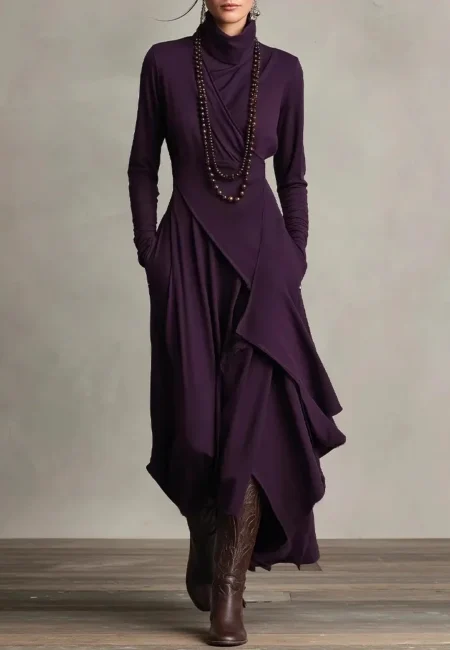 Vintage Pocket Asymmetric Dress for Women's Long Sleeve Solid Turtleneck Minimalist Retro Casual Autumn Long Dresses