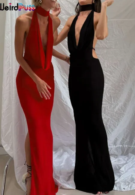 Weird Puss Hollow Halter Dress Women Low Neck Backless Sleeveless Slits Robe Trend Midnight Banquet Coquettish Long Bodycon