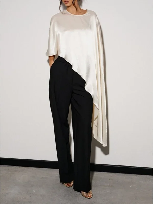 Women Asymmetrical Hem Poncho Shawl Wraps Satin Silky Round Neck Dressy Cape Top Flowy Loose Fit Y2k Cover Up Blouses