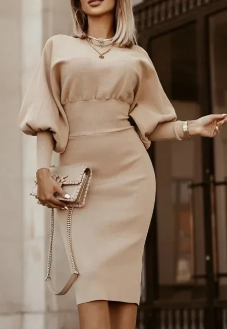 Women Elegant Office Lantern Sleeve Party Dresses Ladies O Neck Bodycon Dress Autumn Winter Solid Midi Dress Vestidos