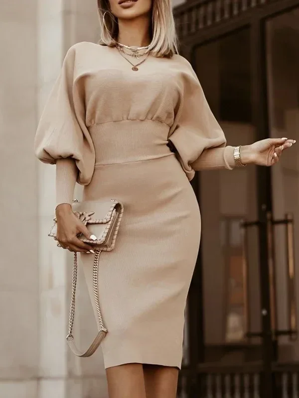 Women Elegant Office Lantern Sleeve Party Dresses Ladies O Neck Bodycon Dress Autumn Winter Solid Midi Dress Vestidos