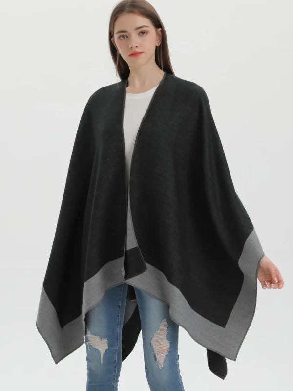 Women's Faux Cashmere Batwing Sleeve Poncho with Contrasting Colours