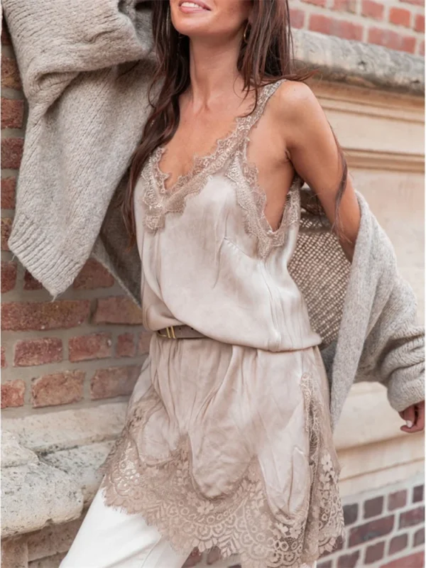 Women Summer Chic Floral Lace Trimmed Patchwork Satin Silk Long Top V Neck Y2K Sleeveless Silky Slip Tank Mini Dress