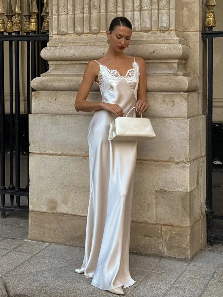 Women V-neck Satin Sling Maxi Dress Chic White Lace Patchwork Sleeveless Backless Gowns Spring Evening Party Dresses Women V neck Satin Sling Maxi Dress Chic White Lace Patchwork Sleeveless Backless Gowns Spring Evening Party Dresses