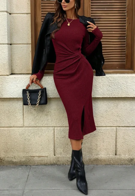 Women's Solid Color Round Neck Belted Slit Hem Midi Dress Casual Long Sleeve Shift Office Autumn